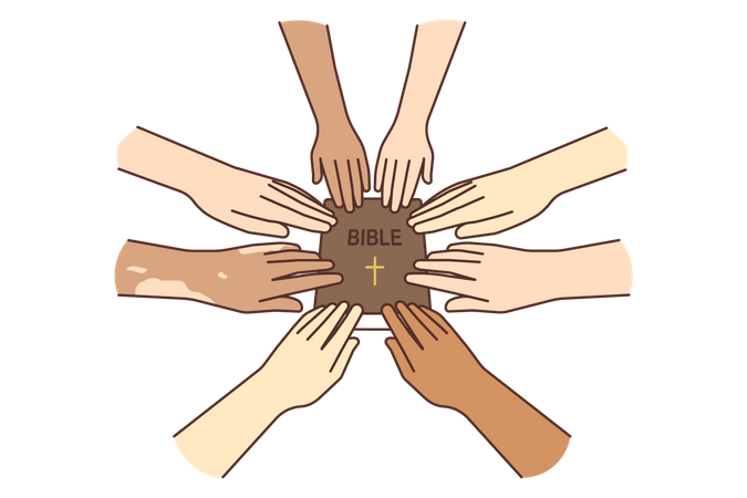 People putting hands on bible Illustration