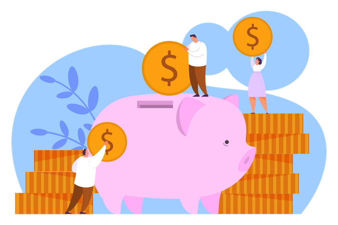 People putting money in piggy bank  Illustration
