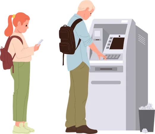 People Cartoon Characters Queue In Line At Atm Man Withdrawing Money Cash By Credit Card Using Automated Self Service Bank Terminal And Young Schoolgirl Waiting For Next Turn Vector Illustration イラスト