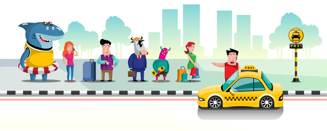 People queuing for taxis at taxi stand in city Illustration