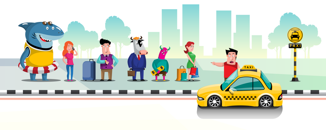 People queuing for taxis at taxi stand in city  Illustration