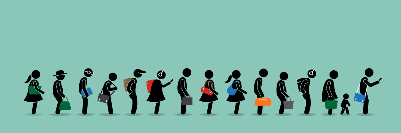 People queuing up in a long queue line Illustration