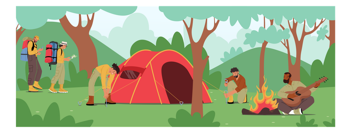 People reaching campsite  Illustration