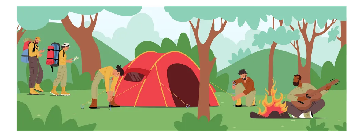Young People Spend Time At Summer Camp In Deep Forest Active Tourists Characters Set Up Tent Playing Guitar At Campfire Friends Company Hiking With Backpack On Vacation Cartoon Vector Illustration Illustration