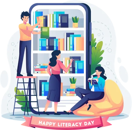People Read Books In Digital Libraries On A Giant Smartphone Screens With Various Books Happy Literacy Day On The 8th Of September Vector Illustration In Flat Style Illustration