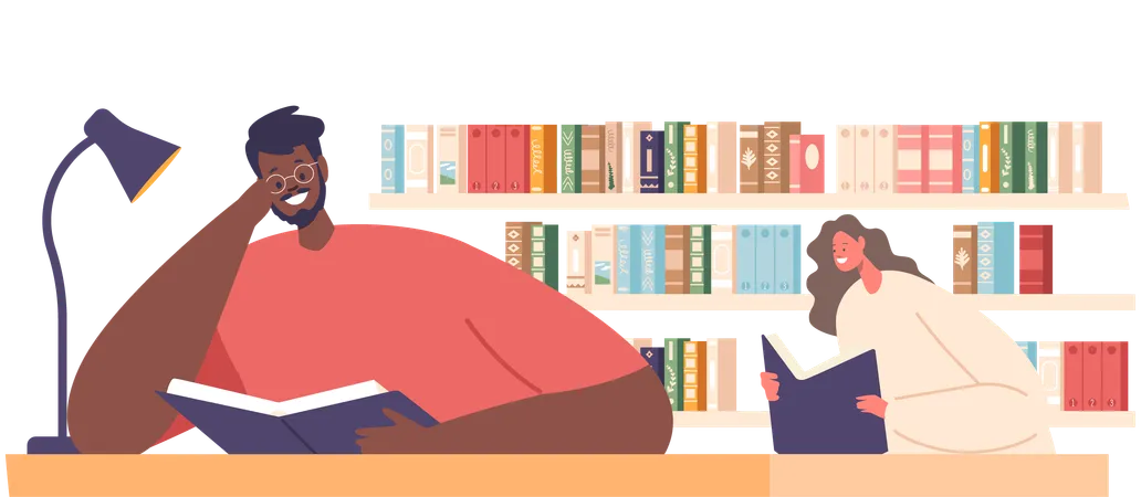Characters Read In A Quiet Library People Immerse Themselves In Books Their Faces Illuminated By Soft Reading Lamps Creating A Serene Sanctuary Of Knowledge And Imagination Vector Illustration Illustration