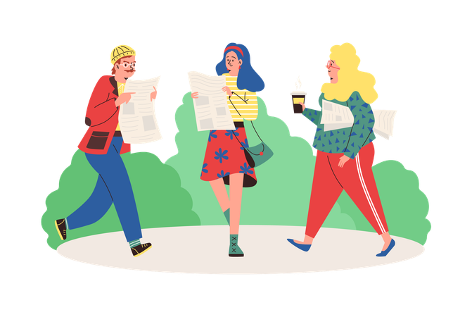 People read newspaper on their way to work  Illustration