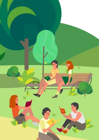 People reading book in garden Illustration
