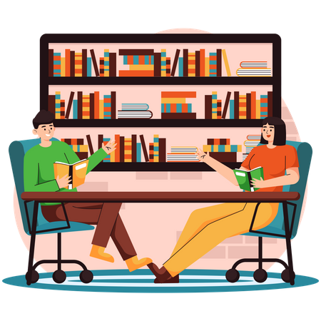 People Reading Book In Library Illustration