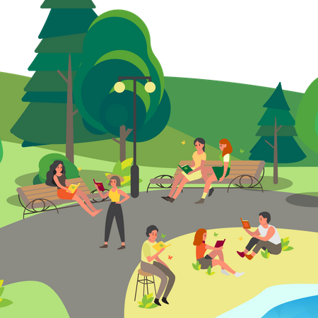 People reading book in park Illustration