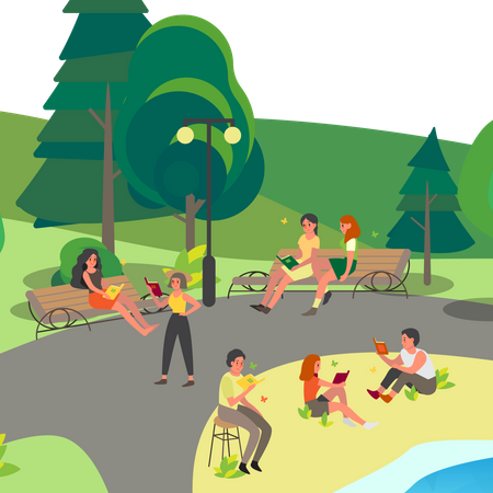 People reading book in park  Illustration