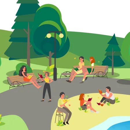 People reading book in park  Illustration