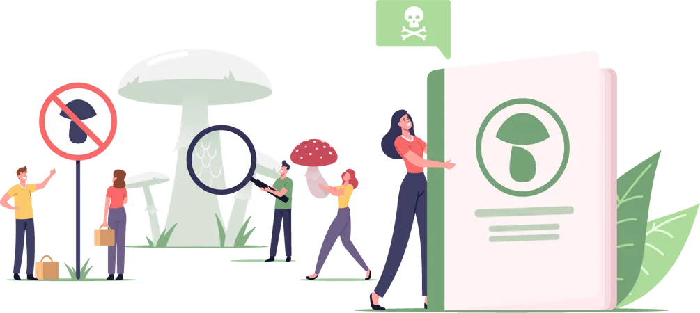 Tiny Male And Female Characters Learning Poisonous Mushroom Types People Reading Book Study Edible And Inedible Fungi Before Walking To Forest Dangerous Plants Cartoon People Vector Illustration Illustration