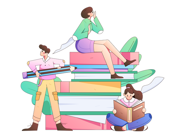 People reading books in library  Illustration