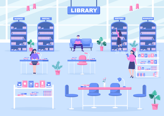 People reading books in Library Illustration