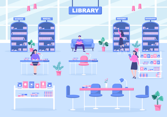 People reading books in Library  Illustration