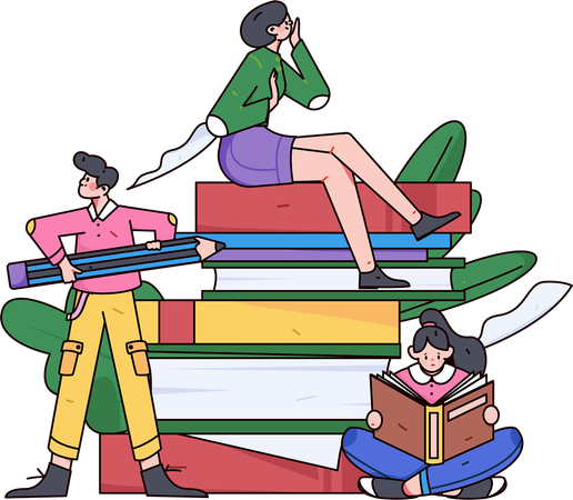 People reading books in library  Illustration