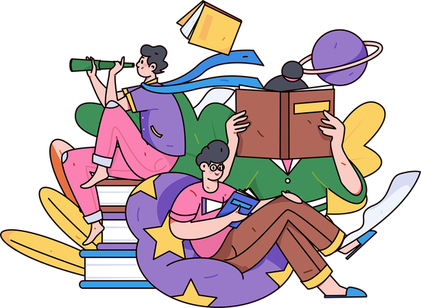 People reading books in library  Illustration