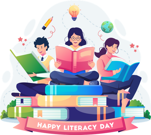 People reading books to celebrate Literacy Day Illustration