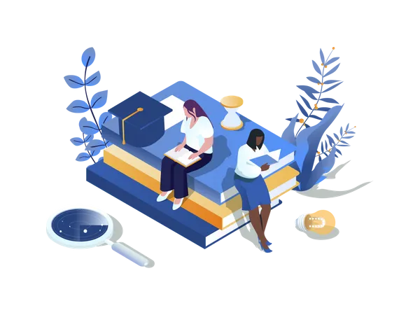 Knowledge Concept 3 D Isometric Web Scene People Reading Different Books And Textbooks For Improving Skills And Preparing Graduates Exam At University Vector Illustration In Isometry Graphic Design Illustration
