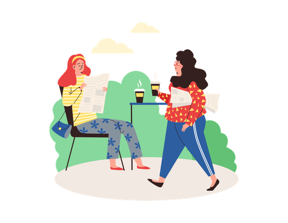 People reading newspaper in cafe and during walk  Illustration
