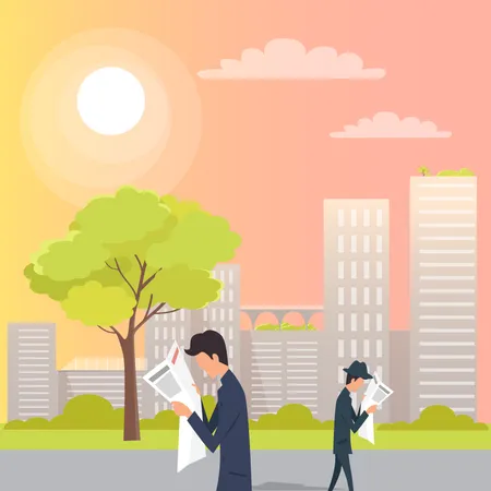 Male People Are Walking In Opposite Directions And Reading Fresh Newspapers On Urban Street Vector Picture Of Men Spending Time Outside In Good Summer Or Spring Weather With Buildings On Background Illustration