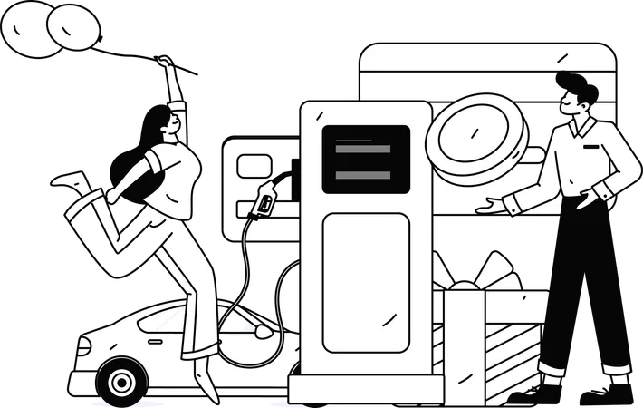 People receiving voucher card after refuelling car at station  Illustration