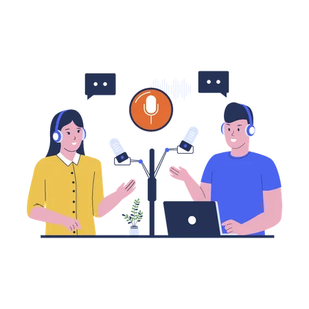 People Recording A Podcast Vector Illustration Man And Woman Talking On Podcast Flat Design Illustration Illustration