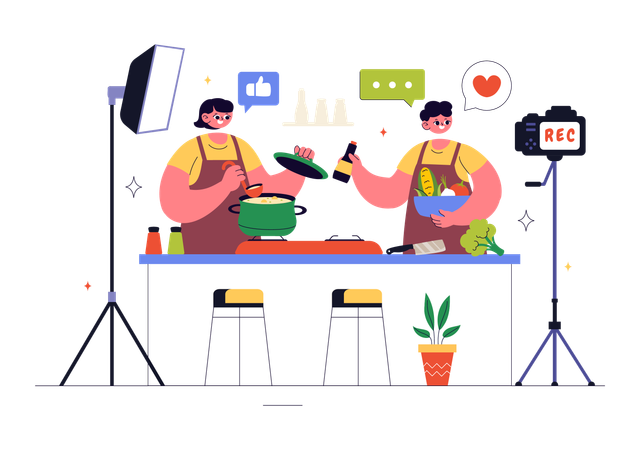 People recording Cooking Vlog  Illustration