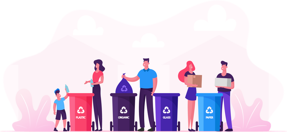 People Recycling Garbage in Different Garbage Containers  Illustration