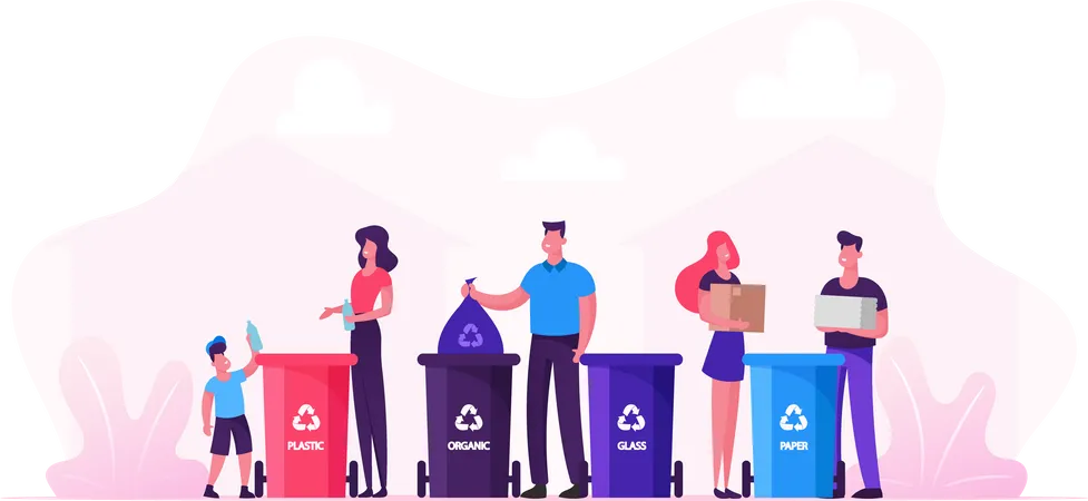 People Recycling Garbage in Different Garbage Containers  Illustration