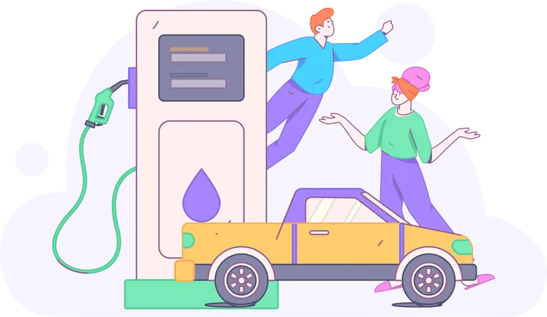 People refuels their car at petrol station  Illustration