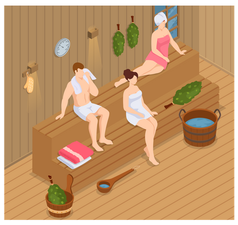 People relax and steam on wooden bench together Illustration