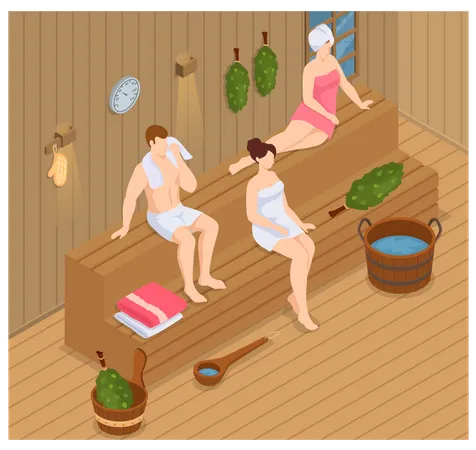 People relax and steam on wooden bench together  Illustration