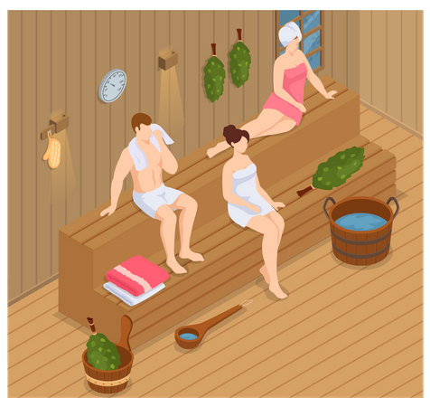 People relax and steam on wooden bench together  Illustration