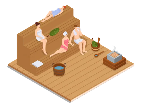 Sauna And Steam Room Set Of People In Sauna People Relax And Steam With Birch Brooms In Traditional Russian Stove For Female And Male Finnish Bathhouse Public Sauna Friends In Spa Resort イラスト