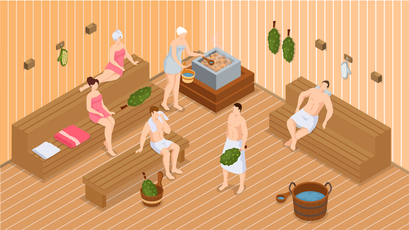 People relax and steam with birch brooms Illustration