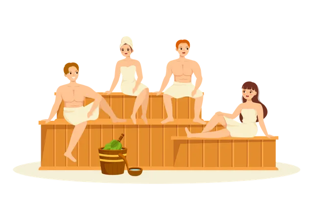 People relax and steam with birch brooms Illustration