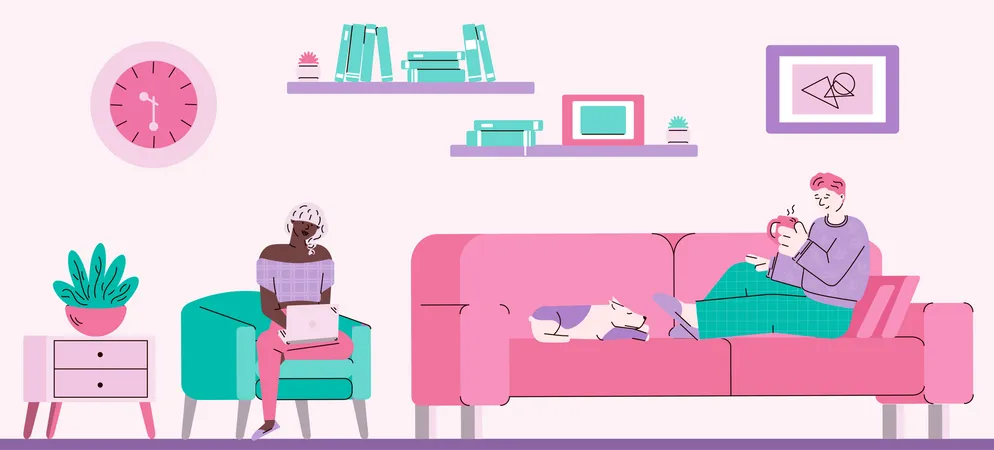 People relaxing in cozy living room with tea, dog and laptop Illustration