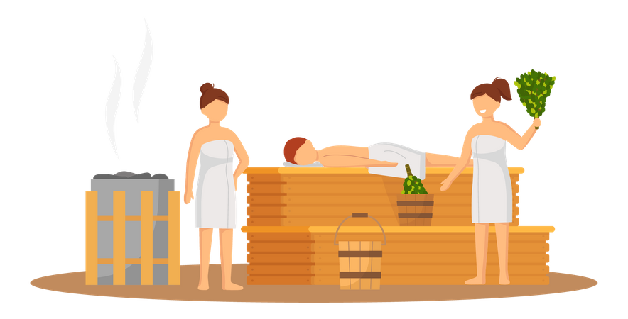 People relaxing in sauna Illustration