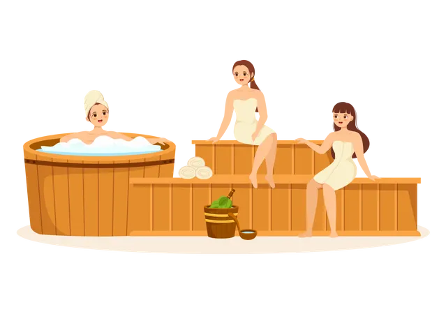 People relaxing in sauna  Illustration