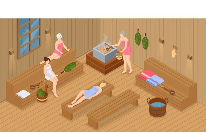 People relaxing in sauna  Illustration