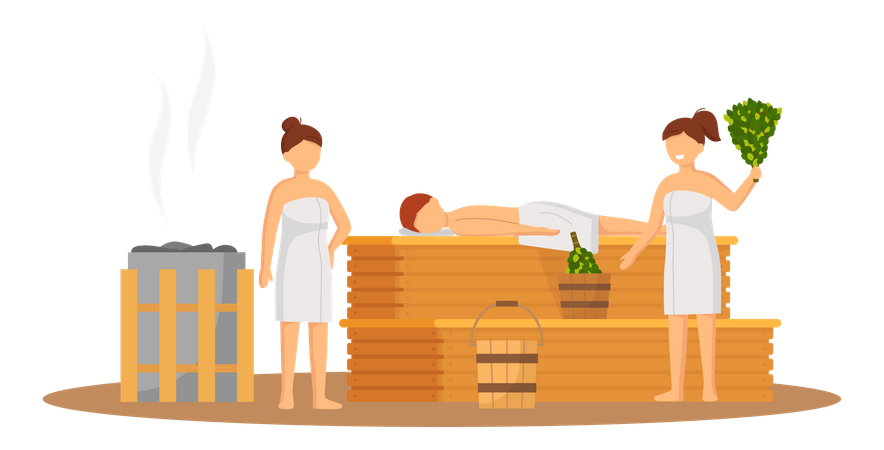 People relaxing in sauna  Illustration