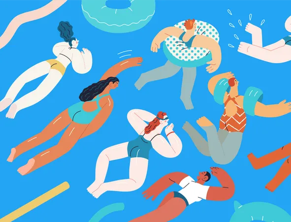 Beach Resort Activities Modern Outlined Flat Vector Concept Illustration Of Various Women Wearing Swimsuits Swimming In Pool With Rubber Rings Water Wings Floaties Noodles Inflatable Mattress Illustration