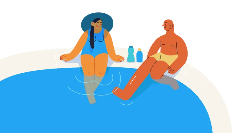 Beach Resort Activities Modern Outlined Flat Vector Concept Illustration Of People Relaxing And Chilling Out Around The Swimmimg Pool Talking Couple On The Nosing Wearing Swimsuits Rubber Ring Illustration