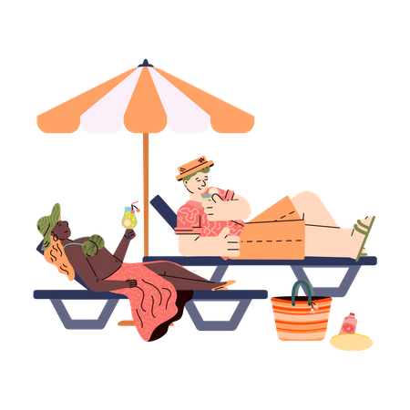 People relaxing on summer beach.  Illustration