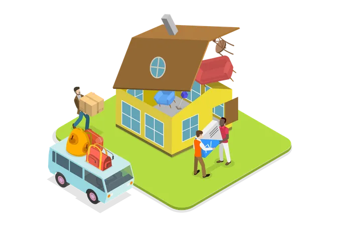 3 D Isometric Flat Vector Illustration Of Moving Home Relocated To A New House Illustration