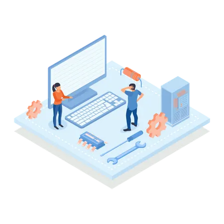 People repairing integrated circuit  Illustration