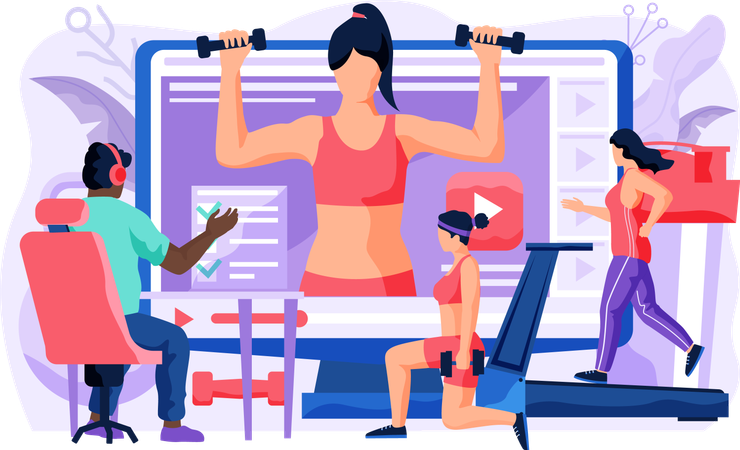 People repeat exercises behind a girl trainer on a computer monitor  Illustration