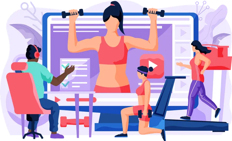 People repeat exercises behind a girl trainer on a computer monitor  Illustration